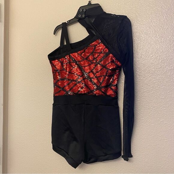 WEISSMAN Dance costume red sequin one sleeve Electricity 12208 XLC child - Picture 3 of 12